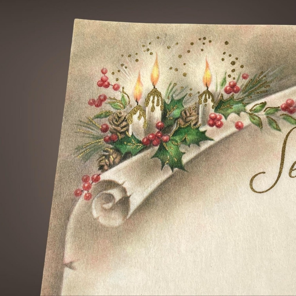 Season's Greetings Christmas Stationery Set OPEN Box 1950s 60s Holly Candle Art - Picture 5 of 10